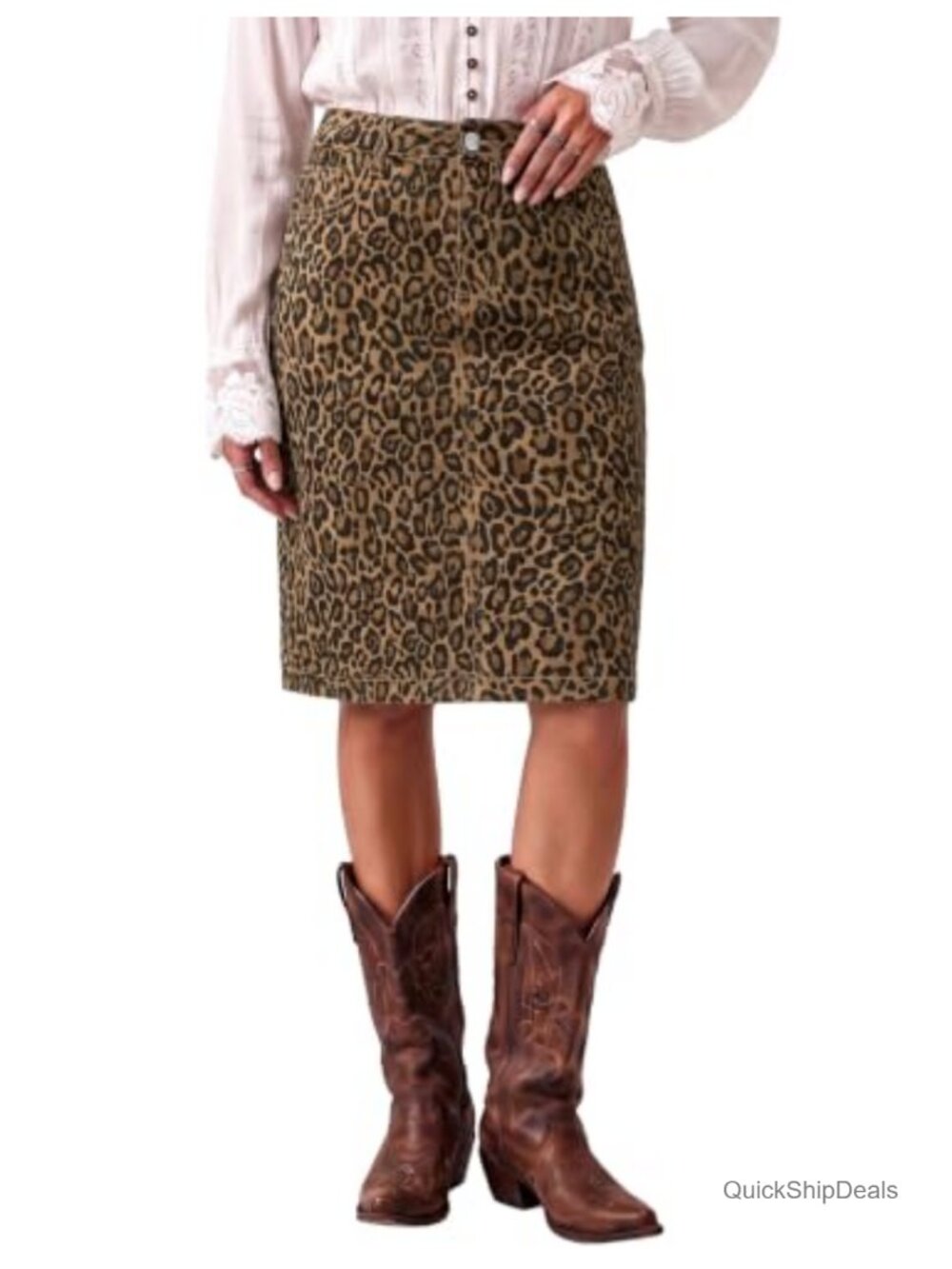 High Waisted A-Line Midi Jean Skirt Leopard Print